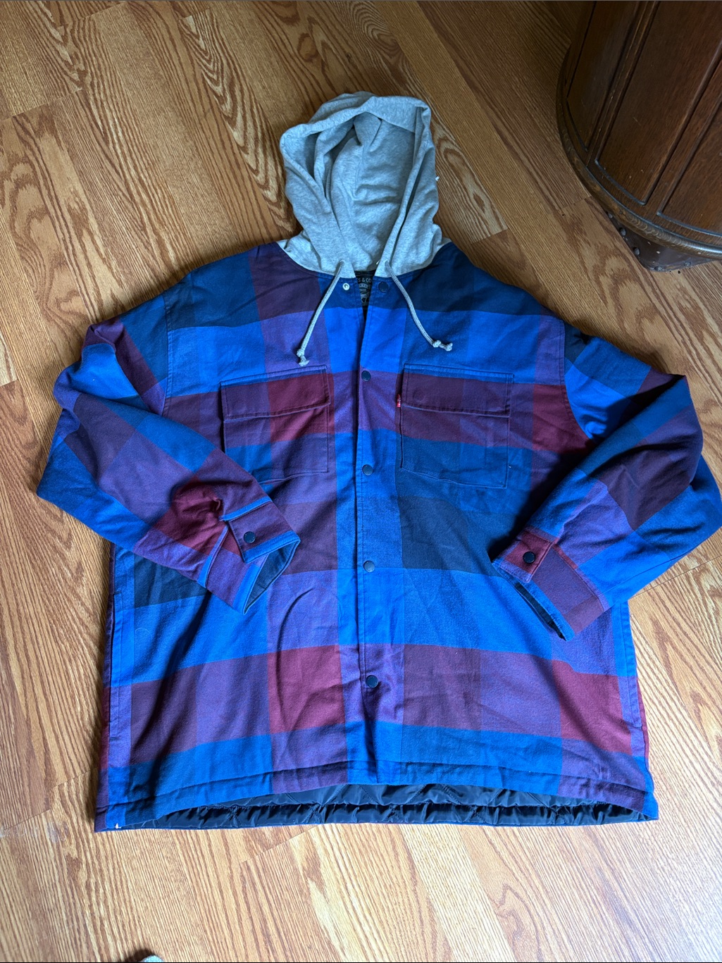 Levi's Blue & Burgundy Plaid Hooded Shirt Jacket With Gray Hood